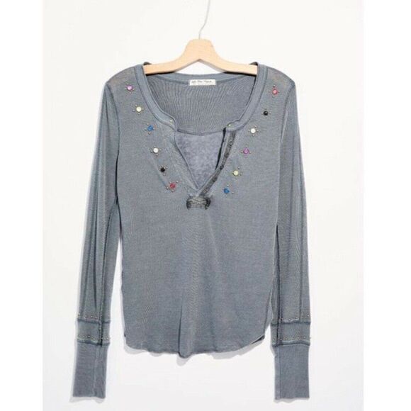 NWT FREE PEOPLE Sz S WILD RIDE EMBELLISHED STUDDED HENLEY TOP LONG SLEEVE TEE - Picture 1 of 6